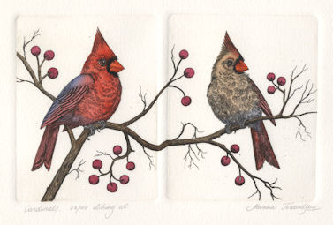 diptych etchings of a male and female cardinal