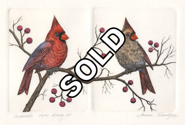 diptych etchings of a male and female cardinal