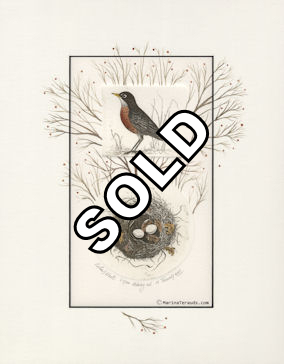 two plate etching of a robin and a nest and hand painted extension on mat