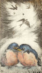 etching of a pair of swallow fledgings