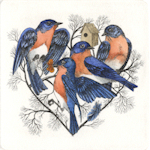 etching of bluebirds forming a heart