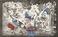 etching of an open book displaying alice in wondearland scenes