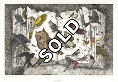 etched image showing an open page support a variety of bird species.