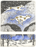 Two dogs (Canis Major, Canis Minor) filling the winter night sky