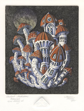 etching of chestnut mushrooms that have become urbanized