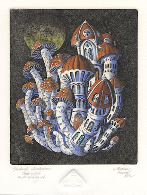 etching of chestnut mushrooms that have become urbanized