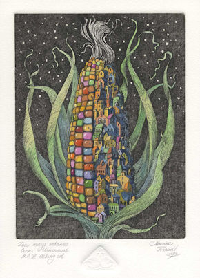 A corn cob that is half taken over by urbanization