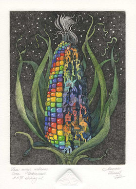 A corn cob that is half taken over by urbanization