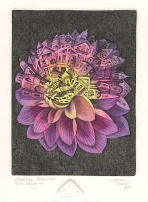 a dahlia flower of san fransico that has been urbanized