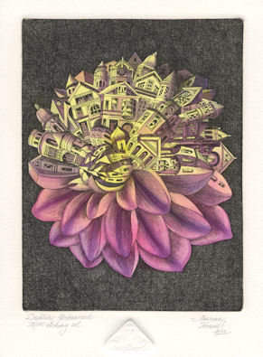 a dahlia flower of san fransico that has been urbanized