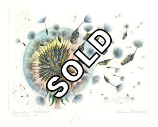 etching of an urbanized dandelion