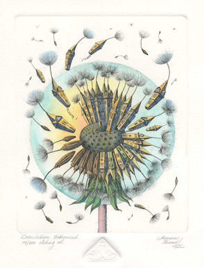 an etching of a dandelion that has become urbanized