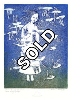 girl in dream state with birds