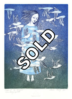 girl in dream state with birds