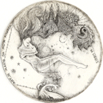 ex libris etching of aphrodite laying in foaming waves