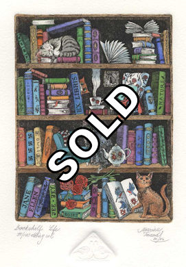 a bookcase that is holding books and cats