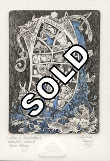 a collector's cabinet displaying alice in wonderland paraphernalia