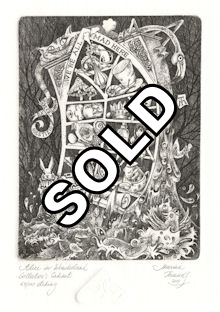 a collector's cabinet displaying alice in wonderland paraphernalia