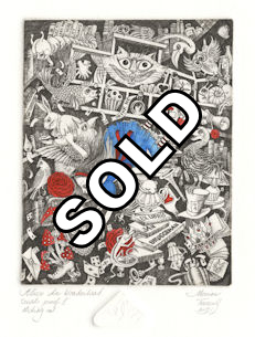 alice falling through an anthology of her memories of wonderland