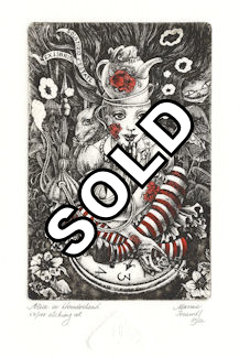 etching of an alice in wonderland scene of alice smoking a hookah