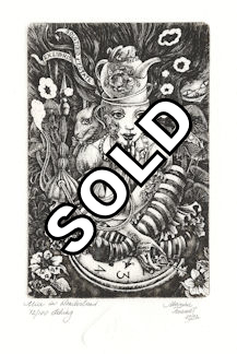 etching of an alice in wonderland scene of alice smoking a hookah