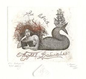 original etchings of a mermaid reading a book