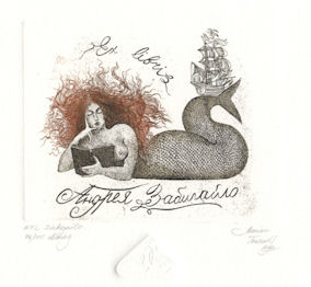 original etchings of a mermaid reading a book