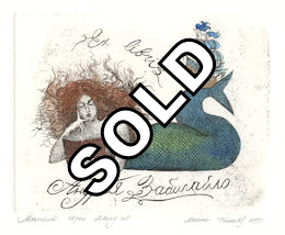 original etchings of a mermaid reading a book