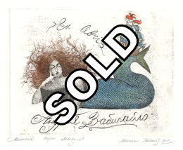 original etchings of a mermaid reading a book