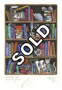 cats lounging on bookcase shelves