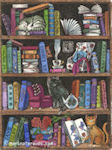 ex libris of a library of books on a shelf together with cats