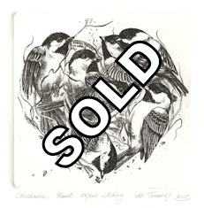 original etching of a group of chickadees in the shape of a heart