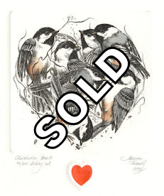 original etching of a group of chickadees in the shape of a heart