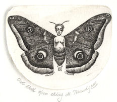 etching of woman with owl moth wings