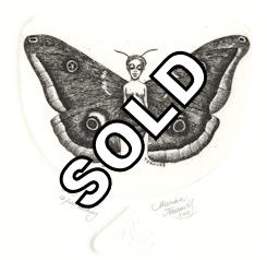 etching of woman with owl moth wings