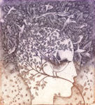 profile of a girl with schrubs and birds in foreground