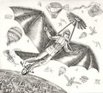 ex libris etching of a fantasy flying machine