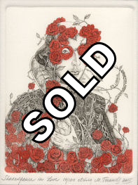 Shakespeare in Love holding a heart with roses surrounding him