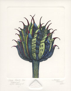 a globe flower seed pod that has become urbanized