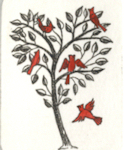 miniture etching of a tree with cardinals