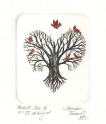 miniture etching of a tree in shape of a heart