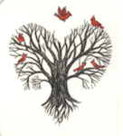 miniture etching of a tree in shape of heart
