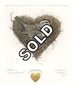 a chipping sparrow sitting in a nest that is shaped as a heart