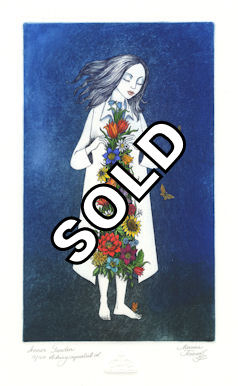 girl in white coat with flowers that are sprouting out of the front