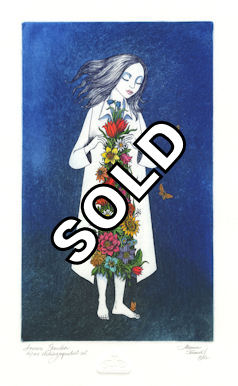 girl in white coat with flowers that are sprouting out of the front