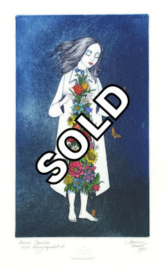 girl in white coat with flowers that are sprouting out of the front