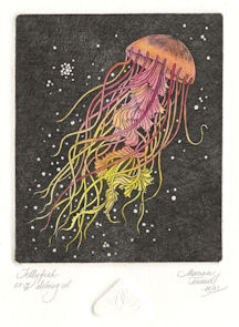 original etching of a jellyfish underwater