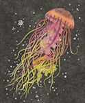 an etching of a jelly fish floating through water