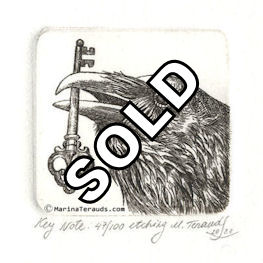 etching of a raven holding an old fashion key