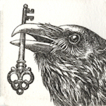 etching of a raven holding a key